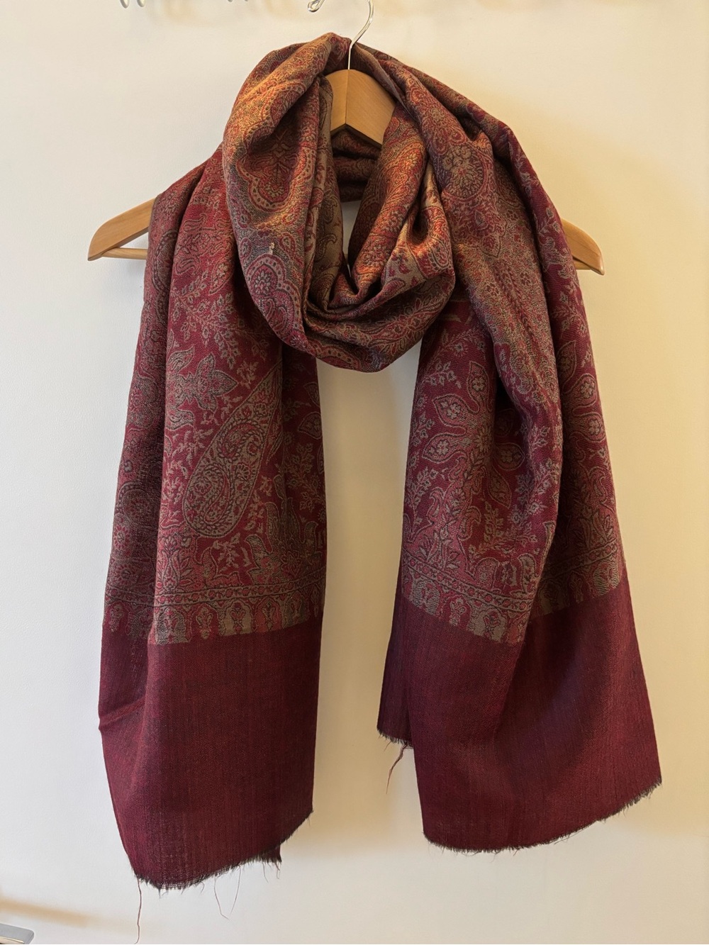 Vintage Burgundy Taupe Paisley Pashmina Style Scarf Shawl Wrap